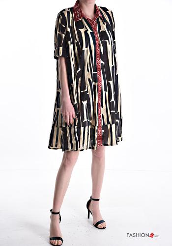 Patterned short sleeve knee-length Cotton Shirt dress with flounces with pockets