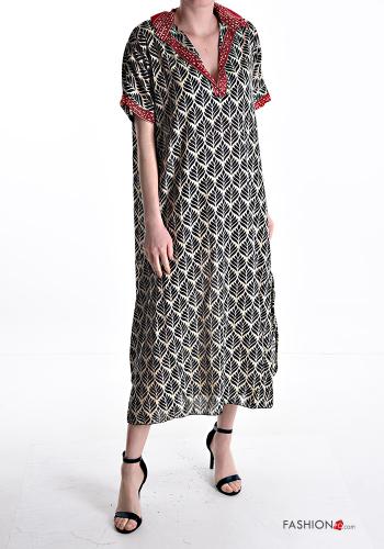 Patterned short sleeve with collar long Cotton Dress with pockets with v-neck