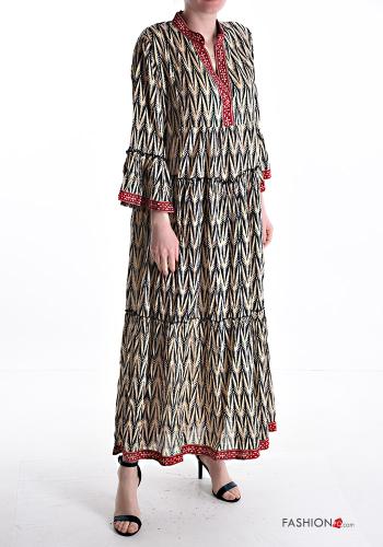 Patterned long Cotton Dress with flounces 3/4 sleeve with v-neck