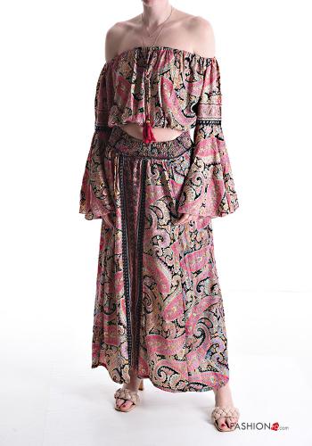 Jacquard print long sleeve wide leg Silk Co-ord with elastic - ph 1