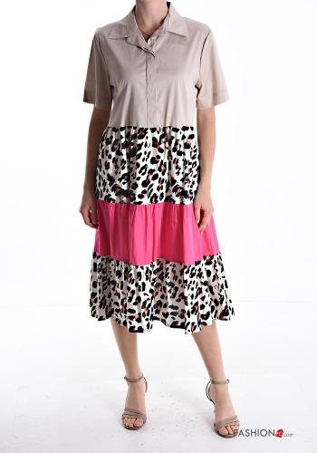 Robe en Coton manches courtes à collet Imprimé animalier à volants à boutons - ph 1