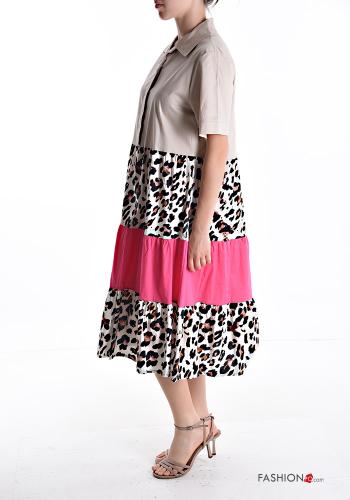 Robe en Coton manches courtes à collet Imprimé animalier à volants à boutons - ph 3