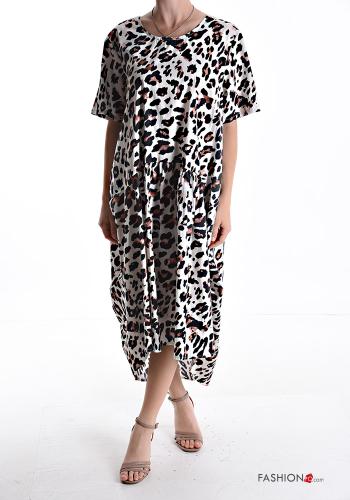 Robe en Coton manches courtes oversize col rond Imprimé animalier avec poches - ph 1