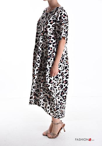 Robe en Coton manches courtes oversize col rond Imprimé animalier avec poches - ph 3