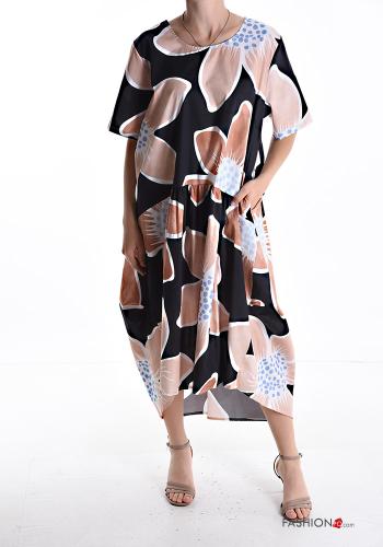 Vestido em Algodão oversize manga curta gola redonda Floral com bolsos - ph 1