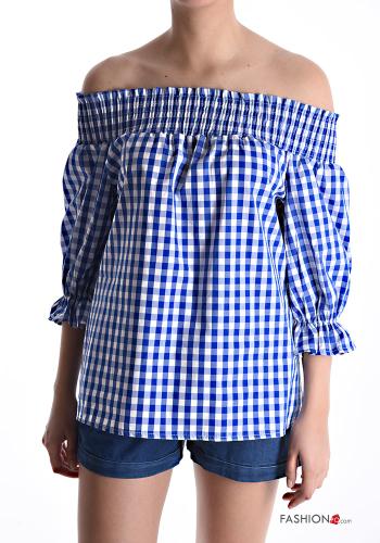 Vichy Muster Bluse aus Baumwolle mit Schleife bardot-ausschnitt 3/4 ärmel mit gummizug