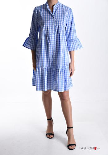 Vichy ruffle sleeve knee-length Cotton Dress with flounces 3/4 sleeve with buttons