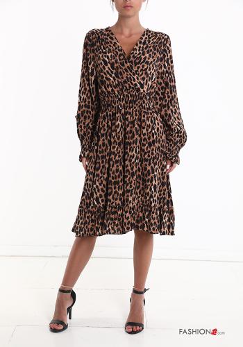 Robe à genoux Imprimé animalier à volants à col en V - ph 1