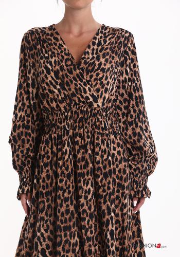 Robe à genoux Imprimé animalier à volants à col en V - ph 4