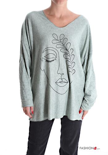 Aufschriftes Muster Langarmshirt mit V-Ausschnitt - ph 1