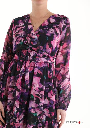 Vestido manga larga por la rodilla Estampado Floral con cuello en v con fajín - ph 4