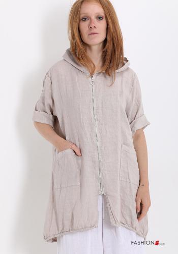 Giacca in Lino  con zip con tasche con cappuccio - ph 1