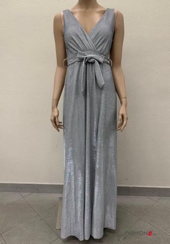 sleeveless long lurex Dress with v-neck with sash - ph 1