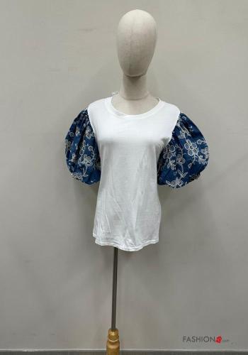 Embroidered puff sleeve Cotton T-shirt