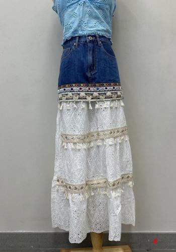 Embroidered denim Cotton Skirt with fringe