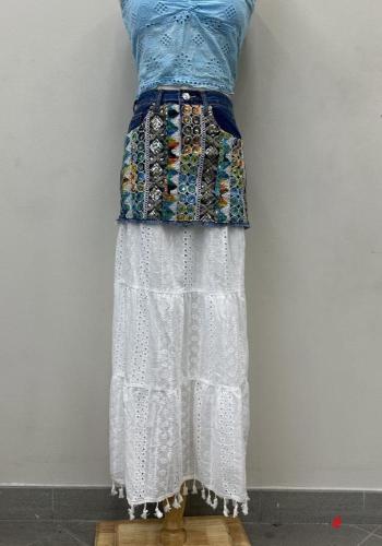 Embroidered denim Cotton Skirt with fringe