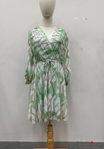 Abstrakte Muster lange ärmel knielanger Kleid mit V-Ausschnitt mit stoffgürtel