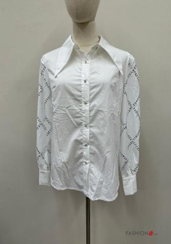Camisa em Algodão renda manga comprida com gola com botões com strass