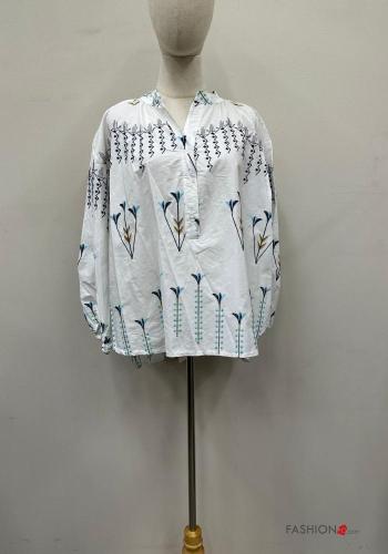 Besticktes Muster lange ärmel Bluse aus Baumwolle mit Knöpfen - ph 1