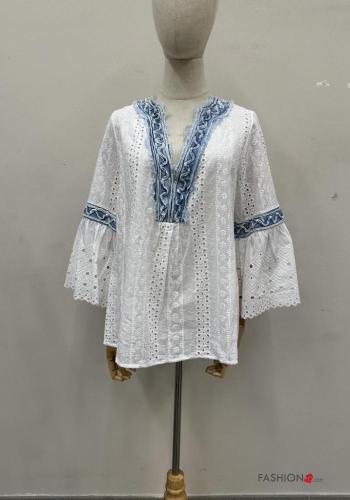 Embroidered long sleeve Cotton Blouse with v-neck broderie anglaise