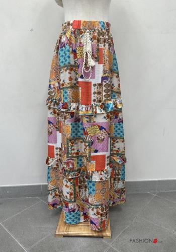 Graphic Print long Skirt with flounces with elastic