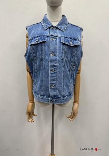 Smanicato in Cotone con colletto denim senza maniche con bottoni con tasche