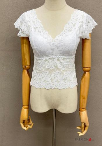 Top corto pizzo maniche corte Fantasia ricamata scollo a V