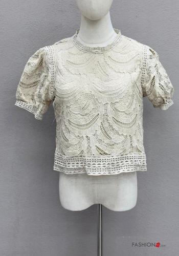 Embroidered puff sleeve crew neck short sleeve Blouse Rollneck