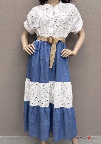 Robe en Coton manches courtes longue à broderie à volants avec ceinture broderie anglaise à boutons - ph 1