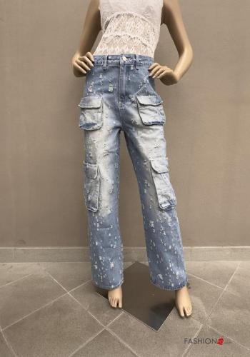 Jeans en Coton en denim à boutons avec fermeture éclair avec poches - ph 1