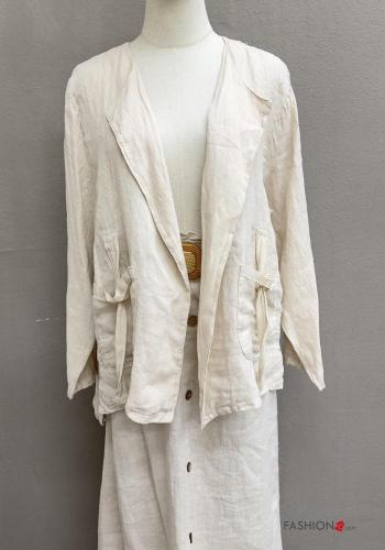 long sleeve Linen Duster Coat with pockets - ph 1