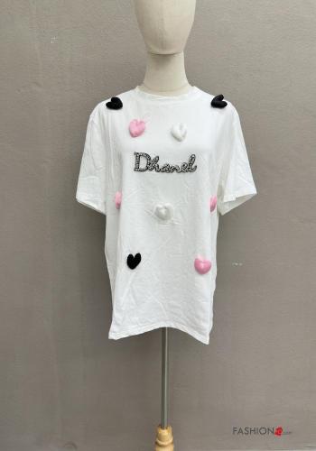 heart motif short sleeve crew neck Cotton T-shirt with rhinestones - ph 1