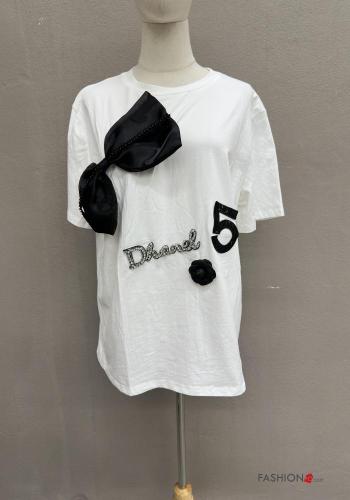 short sleeve crew neck Cotton T-shirt with bow with rhinestones - ph 1