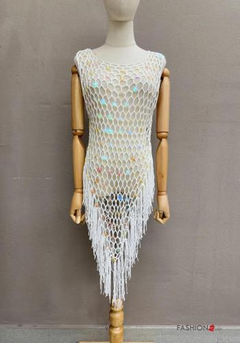 häckeln asymmetrisch netz Strandkleid aus Baumwolle mit Pailletten mit Fransen - ph 1
