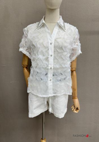 Chemise manches courtes tulle à collet à broderie à boutons avec strass - ph 1