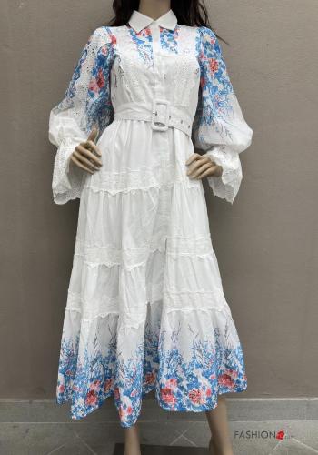 Floral extra long sleeve with collar long Linen Dress broderie anglaise with buttons with belt with flounces
