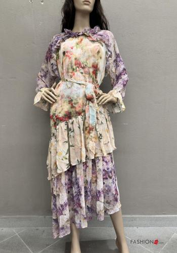 Floral long asymmetrical Linen Dress with fabric belt with elastic with flounces