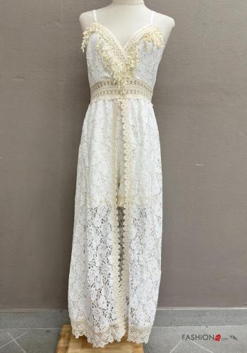 Embroidered lace trim sleeveless adjustable Cotton Dress with v-neck