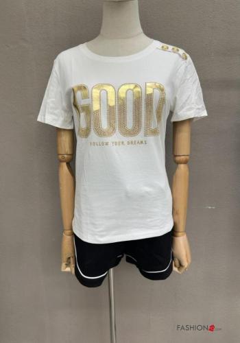 Lettering print short sleeve crew neck Cotton T-shirt with buttons - ph 1