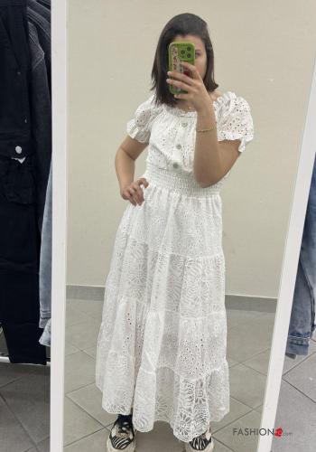 Embroidered puff sleeve short sleeve Cotton Dress with buttons broderie anglaise with elastic with flounces