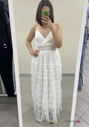 Abito in Cotone senza maniche tulle regolabile Fantasia ricamata scollo profondo con elastico con balze scollo a V