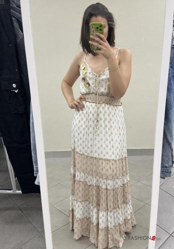 Patterned backless long sleeveless adjustable Dress with flounces with v-neck