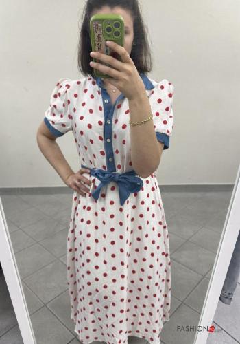 Polka-dot short sleeve with collar Linen Dress with buttons with fabric belt