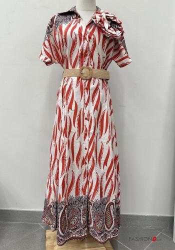 short sleeve with collar long Cotton Shirt dress with belt with buttons