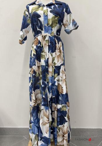 lange Blusenkleid aus Baumwolle mit Gürtel mit Knöpfen mit Volants - ph 1