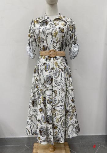 Blumenmuster lange Blusenkleid aus Baumwolle mit Gürtel englische stickerei mit Knöpfen - ph 1
