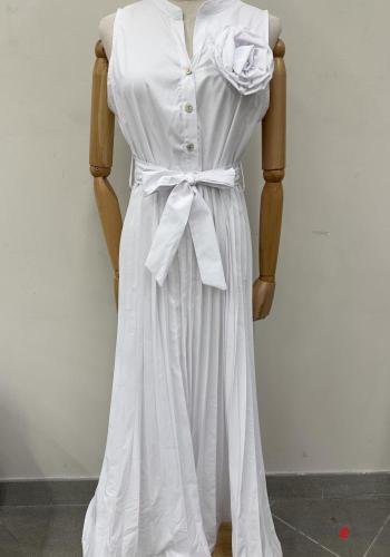 sleeveless long Cotton Dress with buttons with fabric belt
