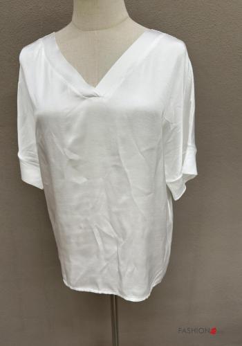 Satin kurze ärmel Bluse mit V-Ausschnitt - ph 1