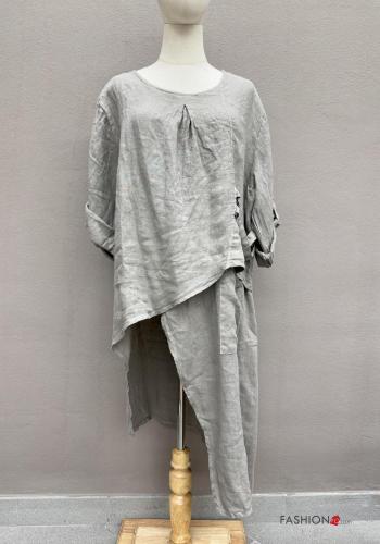 Oversize u-boot ausschnitt asymmetrisch Tunika aus Leinen mit Taschen - ph 1