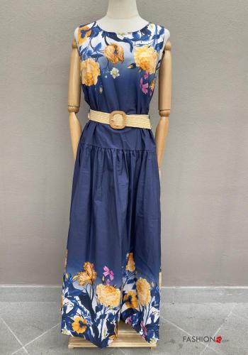 Floral sleeveless crew neck long Cotton Dress with belt